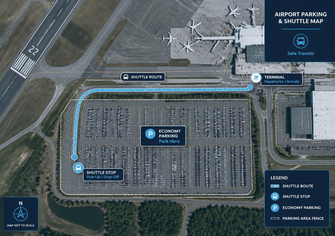 Mapa mostrando o estacionamento Viracopos AeroPark e a rota do traslado até o terminal do aeroporto
